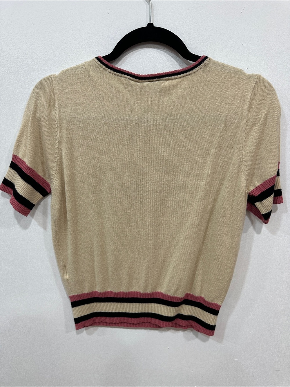 Voodoo Vixen Beige Knit Top with Pink & Black Stripe Trim and Cat Patch - Picture 4 of 7